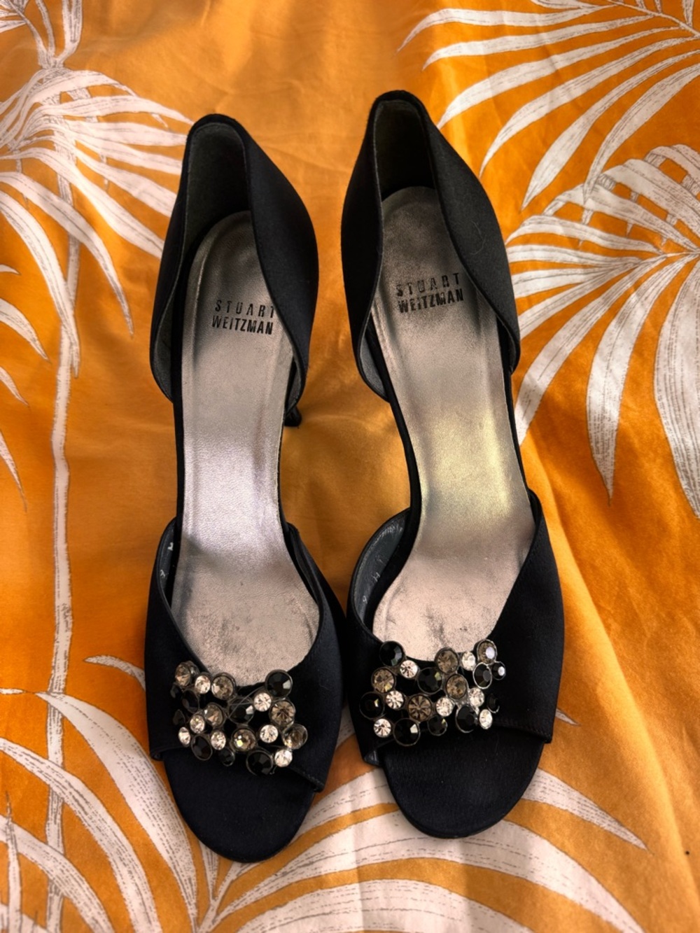 Stuart Weitzman Black Open-Toe Heels with Crystal Cluster